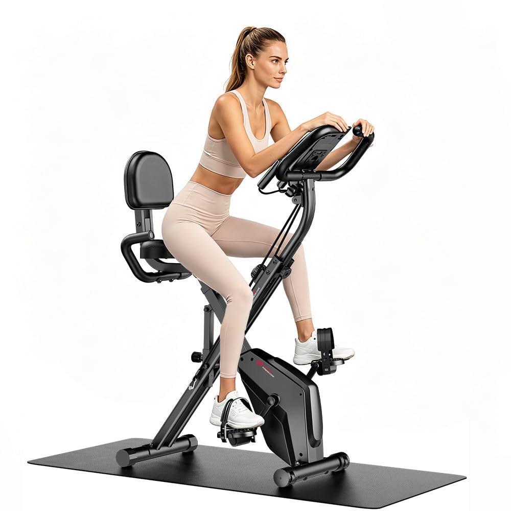 Cyclette pieghevole silenziosa (<20dB) 3 in 1 bicicletta stazionaria con 8 resistenze magnetiche, schermo LCD multifunzionale e supporto tablet, per uso domestico, altezza regolabile 155-190cm