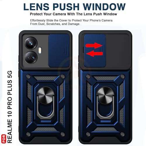 Image of Armor Bumper Back Cover Case for Realme 10 Pro Plus 5G Rotating Camera Cover, Ring Holder & Kickstand | Heavy Duty & 360 Degree Protection Realme 10 Pro Plus 5G Back Cover (Blue)