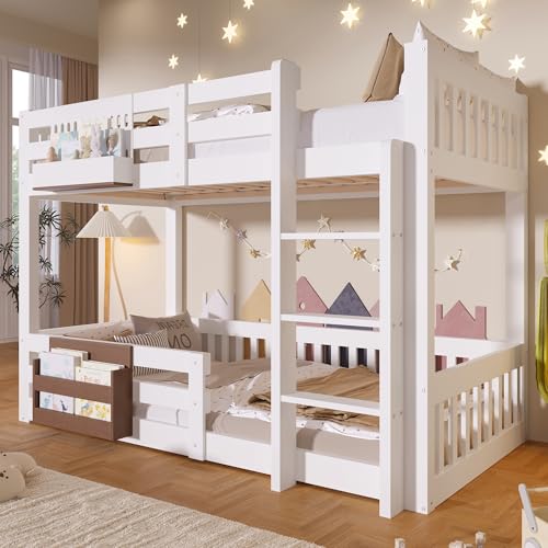 VIVCA Litera de 90 x 200 cm con compartimentos de almacenamiento, rejilla de seguridad, escalera, sin colchón, color blanco