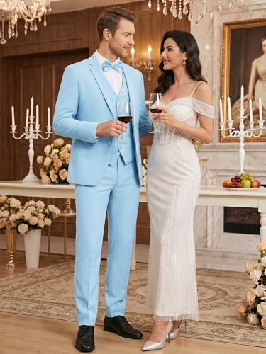 Image of WEEN CHARM Men's 3-Piece Slim Fit Suit Set-2-Button Blazer,Vest & Pants-Formal Wedding,Prom,Party & Business Tuxedo