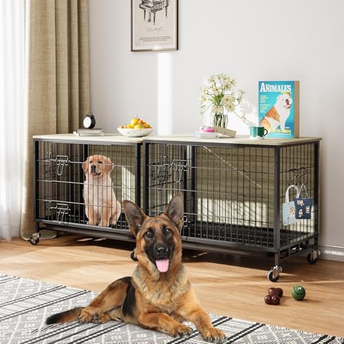 Garvee 32.5" Modern Wooden Dog Kennel with Dual Doors, Sliding Tray, Detachable Wheels, Heavy Duty Dog Crate – Stylish Side Table for Medium-Sized Dogs, Gray by Garvee - Image 2