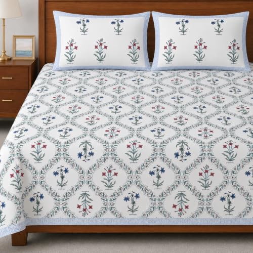 Image of ElanorHomes 240 TC Cotton Double King Size Bedsheet | Ultra-Soft & Skin-Safe | Breathable Summer Comfort | 93x108 inches with 2 Pillow Covers (Rajwada Jaal)
