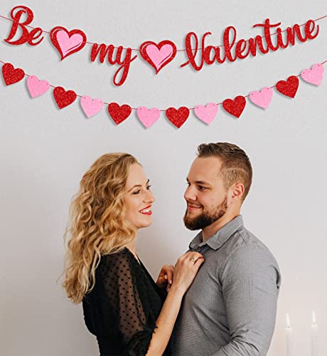 Image of FestikoRed Glitter Be My Valentine Banner and Red Pink Glitter Hearts Banner Happy Valentine's Day Garland Banner Valentines Day Wedding Engagement Party Fireplace Mantle Decorations Supplies