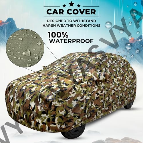 Image of VYAS 100% Waterproof Car Body Cover for Tata Manza (2009-2015) with Mirror Pocket Triple Stitched Belt & Buckle Fitting Dual Elastic, Durable Material Jungle Print Camouflage Design