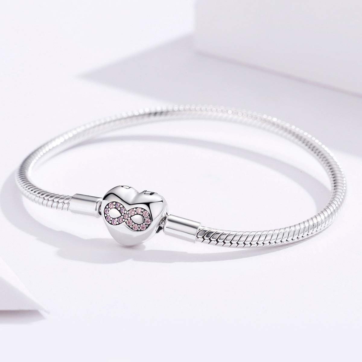 Braccialetto con ciondoli Bracciale in Argento Sterling 925 con Catena a Forma di Serpente con Cuore eterno, Chiusura Rotonda (19cm/7.5in Charm Bracelet)