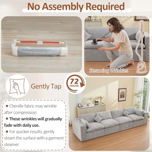 Image of 146''Cloud Boneless Sectional Couch, Modular Sectional Sofa Deep Seat, Oversized Upholstered Convertible Comfy 4 Seater Chenille Memory Foam Sofa Couches for Living Room, Light Grey