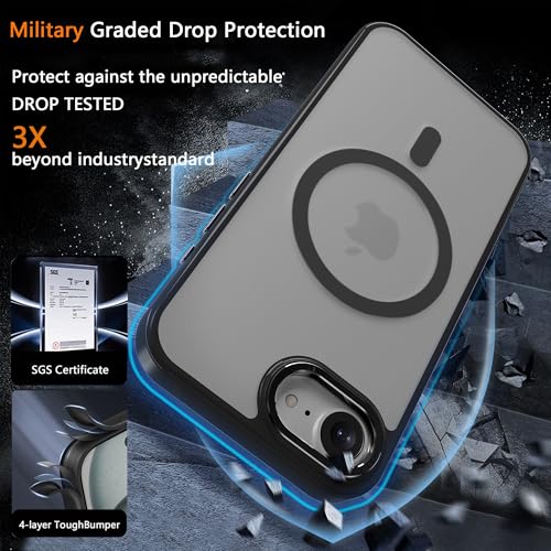 Image of Magnetic iPhone 16E /17e case,Compatible with Magsafe, Military-Grade Protection,Slim Translucent Matte Shockproof with Anti-Scratch Anti-Fingerprint Phone Cover (Black, iPhone 16E /17e)
