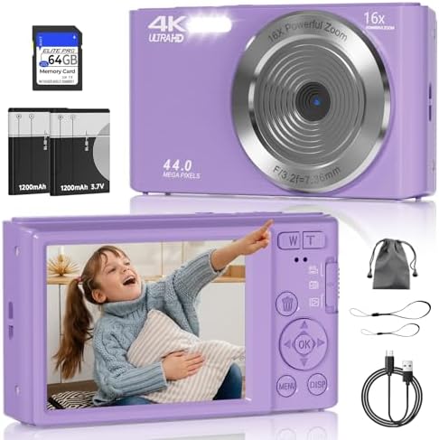 Digitale Zoomcamera met 16x Krachtige Zoom, 4K 44MP Full HD Compacte Vlogcamera, 2,8 Inch Groot Scherm Mini Vintage Digitale Camera voor Beginnende Fotografie (zwart
