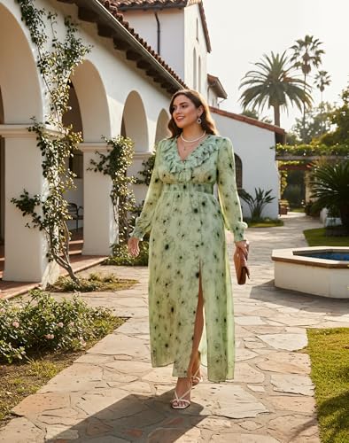 Image of EYWOL Wedding Guest Dresses for Women Long Sleeve Chiffon Floral with Slit