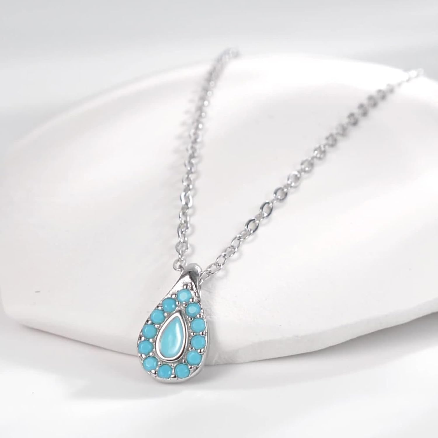 9 Kt / 14 Kt / 18 Kt White Gold Necklace Chain for Women, Water Drop with Turquoise, Women Silver Blue Pendant Necklaces image 3
