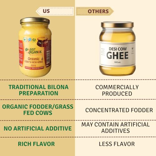 Image of JUST ORGANIK Traditional Bilona Ghee (500 ml) - certified organic Grass Fed Cow's Desi Ghee | Rich in Nutrients & Flavor | Boosts Immunity, Supports Digestion | Cow Ghee for Cooking & Ayurvedic Health
