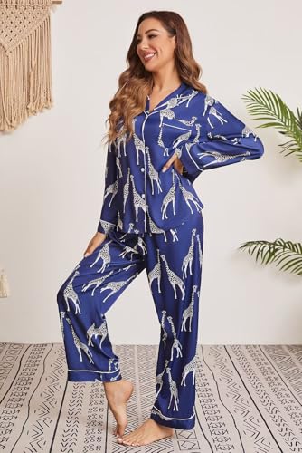 Image of Brosloth Women's Silk Satin Pajamas Pjs Sets Cute Lace Pattern Two Piece Loungewear Set Button Up Pajamas Sleepwear Black