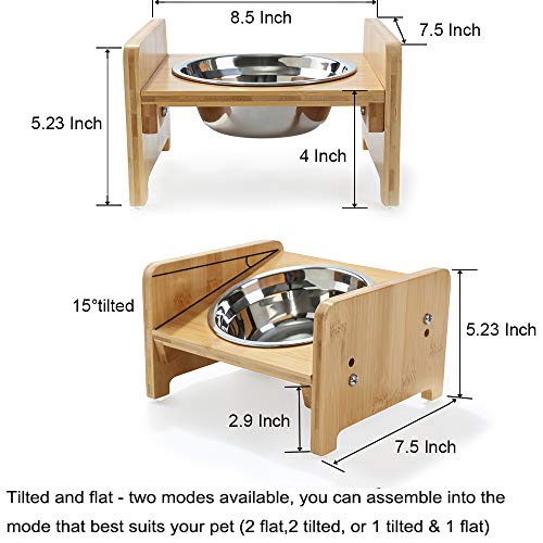 FOREYY Set of 2 Raised Pet Bowls for Cats and Small Dogs - Bamboo Tilted Single Elevated Dog Cat Food and Water Stand Feeder with 2 Stainless Steel Bowls and Anti Slip Feet for Comfort Feeding(Large) by YY FOREYY - Image 2