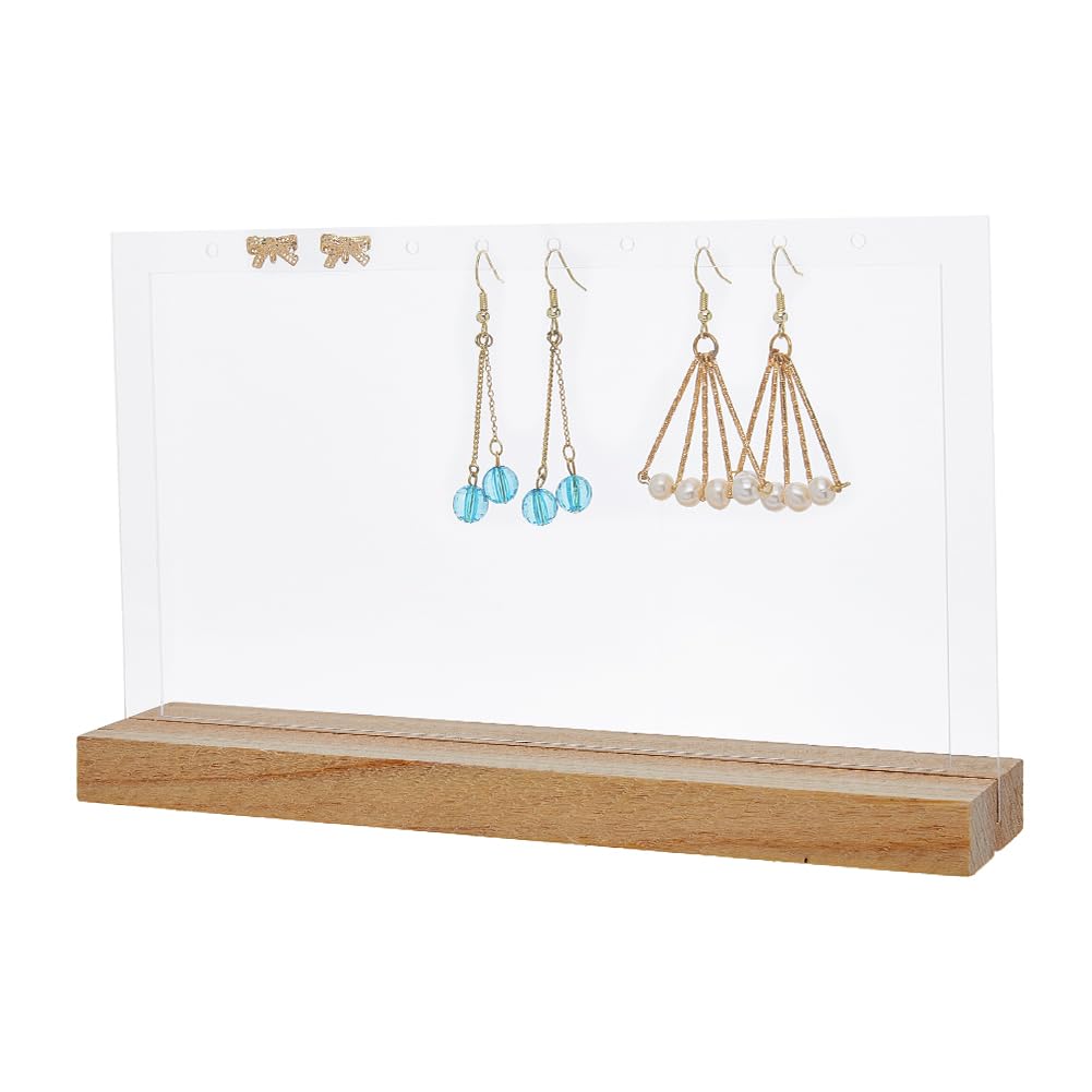 SUPERFINDINGS 10-Hole Acrylic Hanger Earrings Display Stand with Wooden Base Cute Jewelry Stand Organizer Ear Studs Display Rack Earring Rack Holder for Retail Show Earrings Storage 5x20x12.8cm