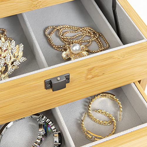 Yoayo Natural Bamboo Jewelry Box With Mirror 3 Layers Jewelry Organizer With Lock Jewelry Storage Box For Girl Women's Gift #TOP3