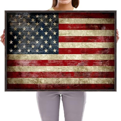 Image of Pyradecor Walnut Framed Canvas Wall Art Old Vintage American Flag Canvas Prints Abstract Pictures Paintings for Office Home Decorations