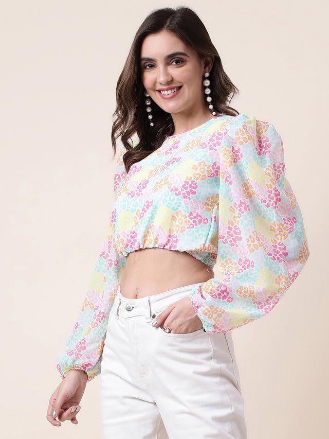 Image of Selvia Women's Georgette Printed (Elastic Waist) Regular Fit Casual Top