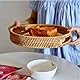 YANGQIHOME Rattan Round Serving Tray, Decorative Coffee Table Tray, Hand Woven Serving Basket with Handles, Ottoman Wicker Fruit/Bread Serving Basket, 13.8 inch