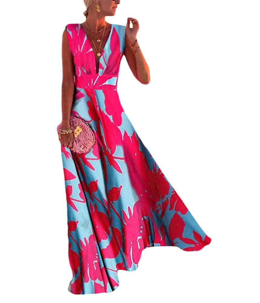 shownicer Femme Robe Cocktail Robe Profonde col en V Elegant Maxi Robes sans Manche A-Line Robe de Soirée Plage Robe Longue Fluides Sexy Chic Florale Robe