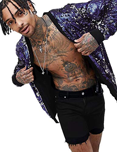 Image of Pacinoble Mens Cardigan Sparkle Sequin Open Front Coat Long Sleeve Bomber Jacket with Ribbed Cuffs (Purple S)