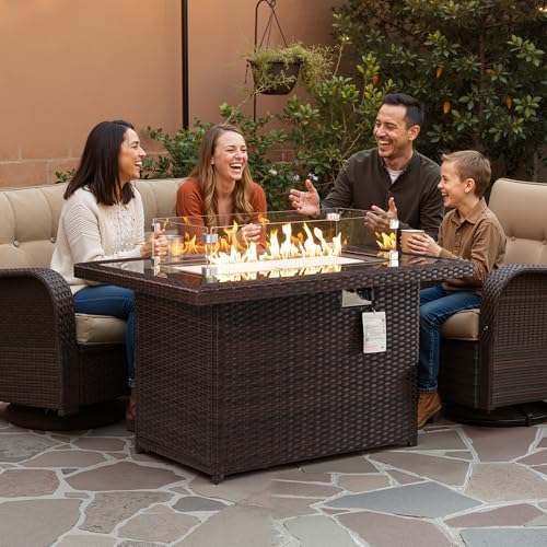 NICESOUL Wicker Outdoor Fire Pit Table Natural Gas/Propane, 43\'\' Rectangular Firepit Table for Outside, 60000 BTU Patio Fireplace Tables with Windguard&Glass Rocks&Cover, Modern CSA Firepits, Brown - Thumbnail 3