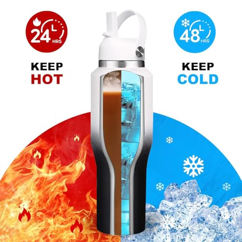 Image of SENDESTAR SENDESTAR 40oz Stainless Steel Water Bottle(Cold for 48 Hrs, Hot for 24 Hrs),Double Wall Vacuum Insulated Bottle with Straw Lid, Spout Lid and Flex Cap, Fit in Any Car Cup Holder