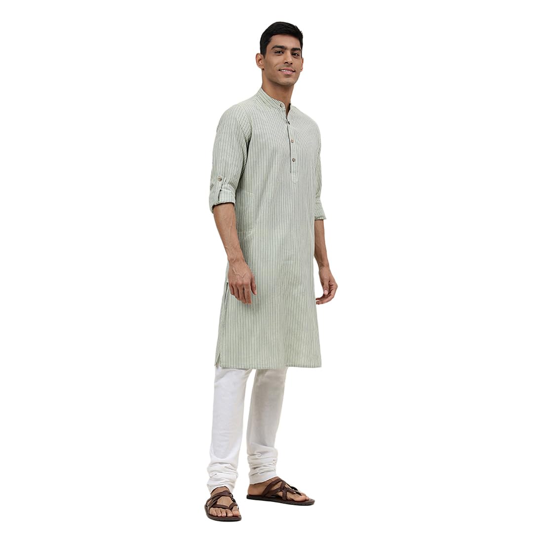 Fabindia Men's Cotton Striped Slim Kurta (1030813Lime_Green