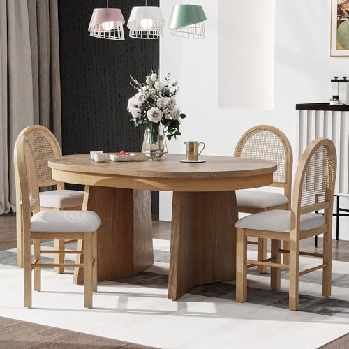 Vintage 5 Piece Round Dining Table Set for Kitchen Living Room, Extendable Circular to Oval Tabletop with 4 Upholstered Chairs (Rattan Backrest), Space-Saving Design/Easy Assemble, Natural Wood Wash