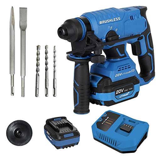 Akku-Bohrhammer, inkl. 20-Volt-4,0-AH-Li-Ion-Akku, Schnellladegerät, 3-teiliger SDS-Plus-Bohrhammer, Spitzmeißel, Flachmeißel, Staubschutz-Tiefenmesser, Hilfsgriff, Hochleistungs-Abbruchhammer,