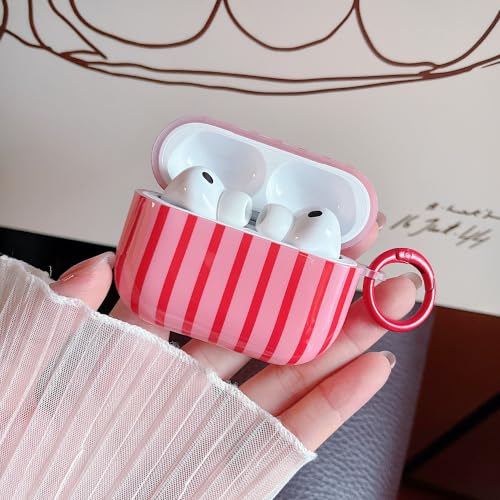 Image of MINSCOSE for AirPods Pro 3rd Generation Case (2025),Cute Striped Aesthetic Pattern Design with Girly Keychain Ring,Soft TPU Protective Shockproof Cover with Cleaner Kit for Airpods Pro 3-Dark Pink