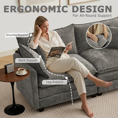 Image of 113 inch Modular Sectional Sofa, L Shaped Cloud Couch with Ottoman | Comfy Chenille Deep Seat Sofa with Throw Pillows, 4 Seat Modern Couches for Living Room Bedroom Apartment, Grey, 113 inch L