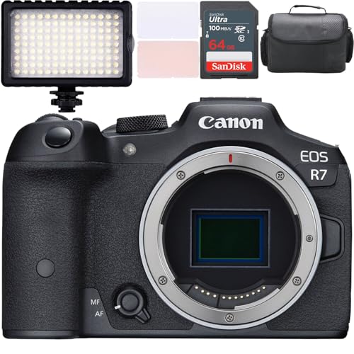 Canon EOS R7 Mirrorless Camera (Body Only) + LED Video Light + Camera Case + 64GB Memory (10pc Bundle) (Renewed)
