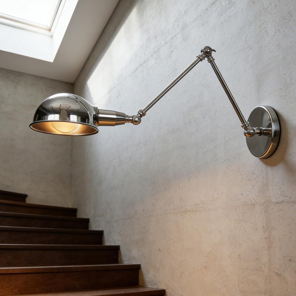 Retro Wandleuchte Innen Verstellbar Langer Arm Nachttisch Wandlampe innen Kabel Stecker Wand-Leselampe Metall Schirm E27 Vintage Industrielampe Schlafzimmer Café