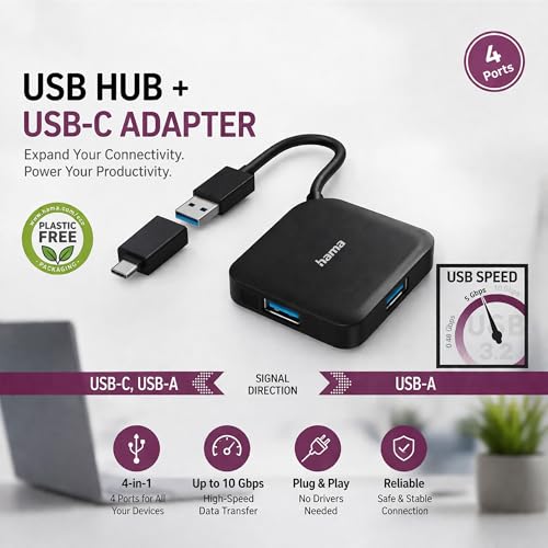 Image of Hama 4-in-1 USB-C Hub with Ultra HD 4K HDMI I 3xUSB-A Gen 3.2 I 1Gbps RJ45 Ethernet (USB 4 in 1)