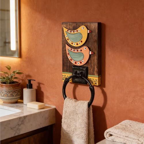 Image of Aakriti Art Creations Modern Art Wooden Towel Holder | Handcrafted Wooden | Matte Finish Multicolor Wall Mounted Towel Holder for Bath & Wash Area