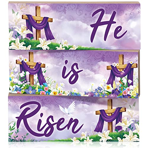 3 Stück He is Risen Osterdekoration Tischdekoration Osterdekoration Holz Osterkreuz Tischschilder Holz Stapelschild Blöcke für Zuhause Tisch Etagere Tablett Regal Dekorationen Cover