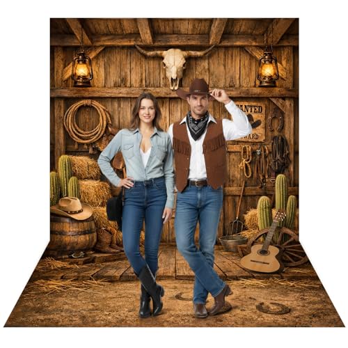 Breling 6 x 9.1 FT Western Cowboy Party Backdrop Rustic Barn Rodeo Photo Background with Horse Saddle Hay Cactus Guitar Old West Decoration for Birthday Baby Shower Western Theme Party Supplies