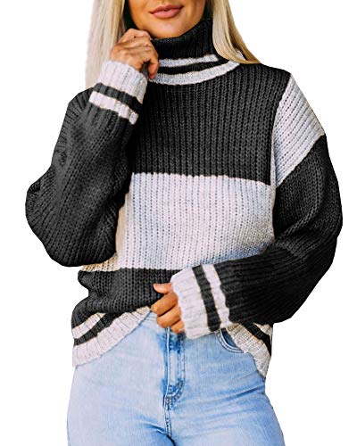 Saodimallsu Womens Turtleneck Oversized Sweaters Color Block Loose Batwing Long Sleeve Pullover Chunky Knit Jumper Tops Black