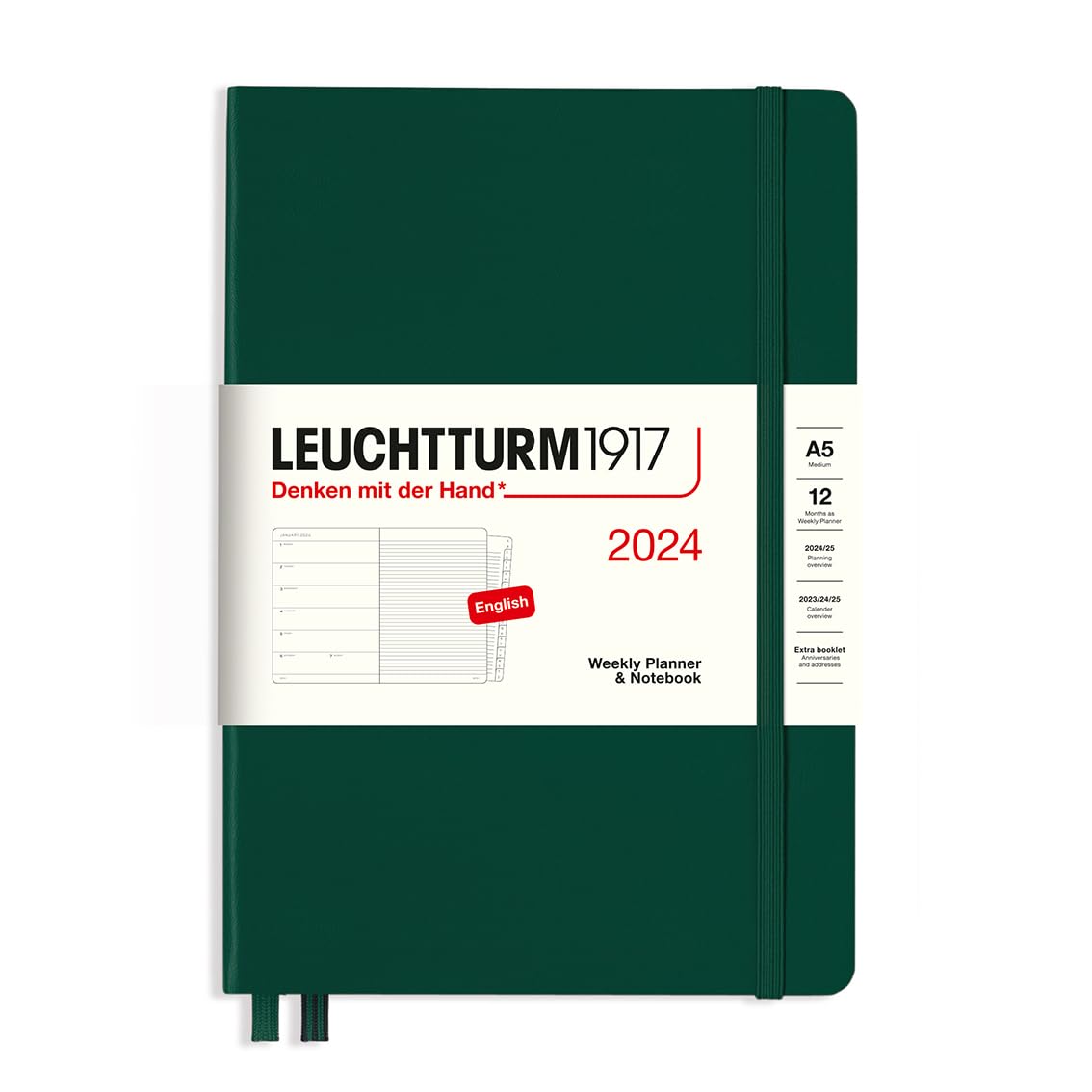 LEUCHTTURM1917367696 Weekly Planner & Notebook Medium (A5) 2024, with booklet, Forest Green, English