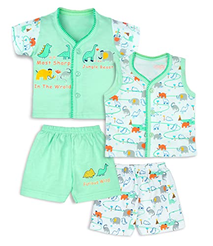 Image of mustmom Newborn Baby Cotton Jhabla Set | 0-3 Months | Combo of 1 T-Shirt, 1 Vest & 2 Shorts Set | Soft Breathable Summer Wear | Gift Set