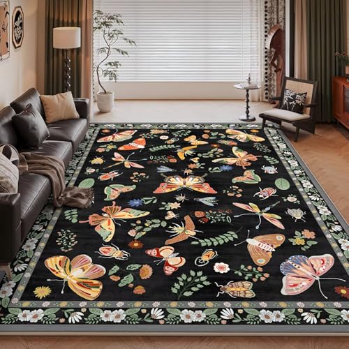 RUGMRZ Alfombra Comedor Pelo Corto 80x160cm,Felpudos Negro,Patrón De Mariposa para Pie De Cama,Salon,Entrada Interior