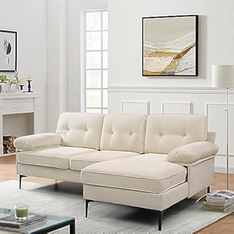 82" Sectional Couch w/Chaise, Reversible Chenille Small L Shape Sofa Couch, Sofa with Chaise Mid-Modern Century Couch with Removable and Washable Cushions (Cream)
