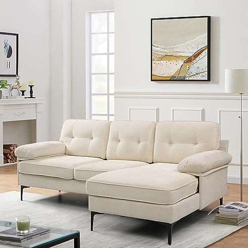 82" Sectional Couch w/Chaise, Reversible Chenille Small L Shape Sofa Couch, Sofa with Chaise Mid-Modern Century Couch with Removable and Washable Cushions (Cream)