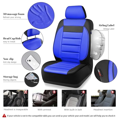 Image of CAR PASS Leather Car Seat Covers Front Seats Only, Universal Fit Automotive Interior Waterproof 3D Foam Back Support Car Seat Covers for Trucks Vans and SUVs Airbag Compatible 2 Pieces Black Blue