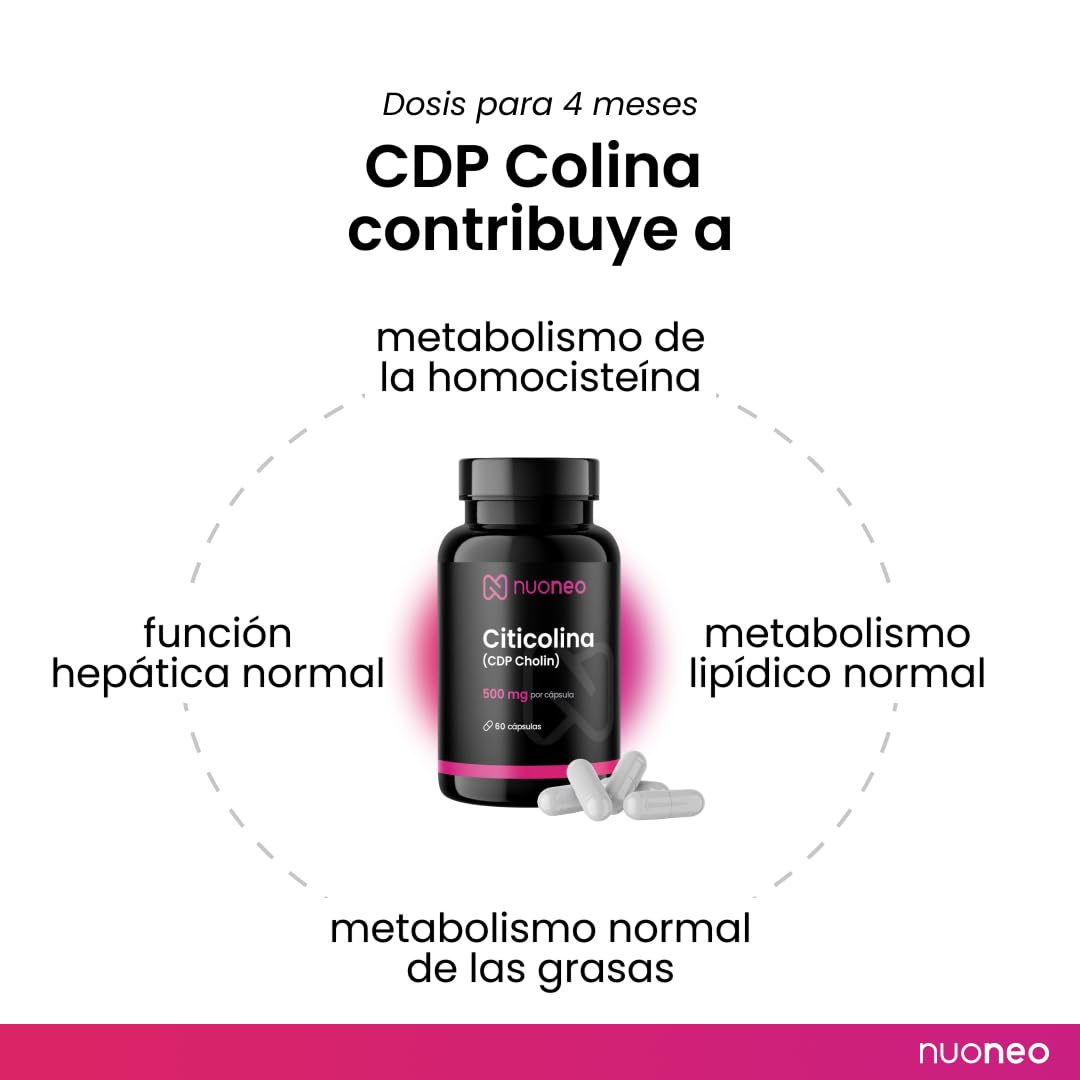 Citicolina CDP Colina 60 cápsulas de 500mg, alta biodisponibilidad, sin aditivos, completa 500 mg citicolina/CDP colina por cápsula de nuoneo