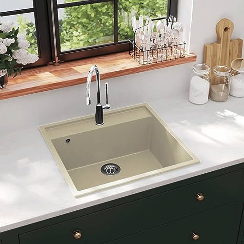 Snsowed Fregadero de Cocina con rebosadero Granito Beige, Mueble Pila Lavadero, Pila Fregadero Cocina, Fregadero sobre Encimera, Fregadero Baño Encimera, Picas De Cocina 147063