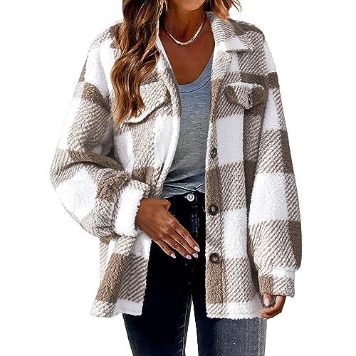 Womens Shacket Jacket Fall Winter Plaid Fuzzy Coat Vintage Shaggy Soft Comfy Button Down Shirt Jackets Front Pockets2