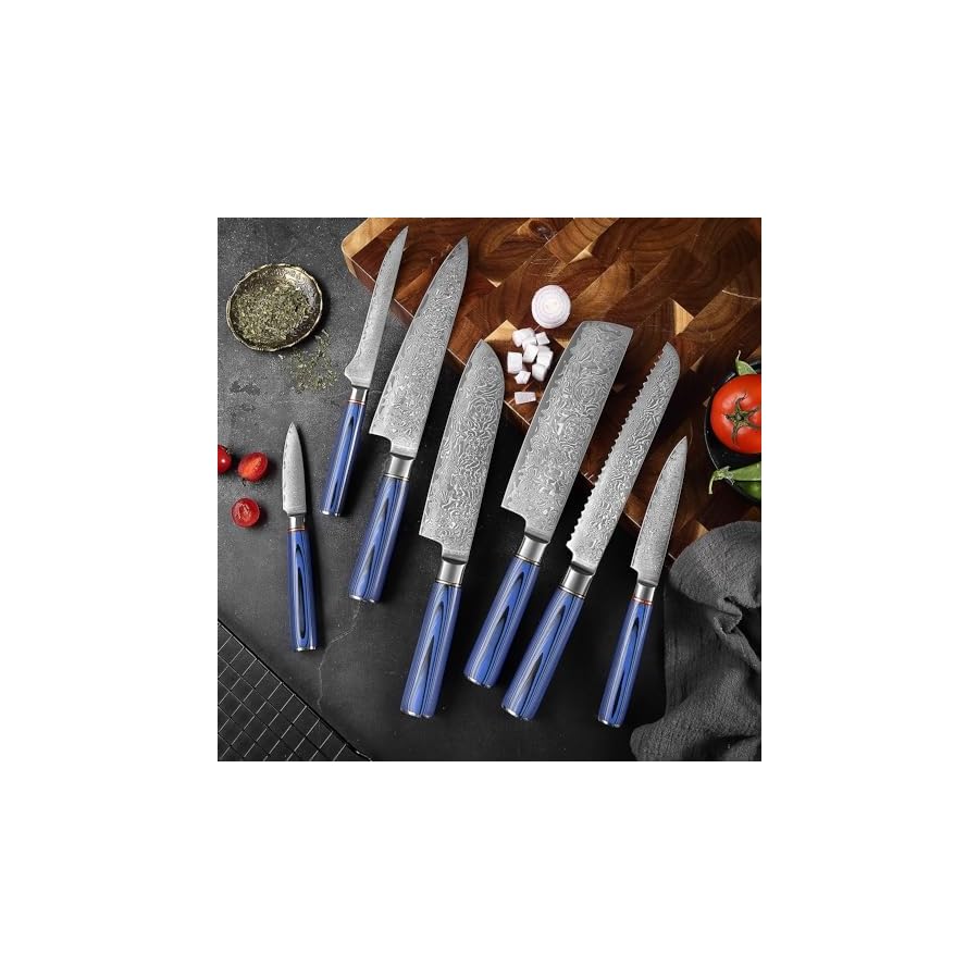 Kitchen-Knife-Sets-7PCS-VG10-Damascus-Steel-Kitchen-Knife-Set-Luxury-Blue-G10-Handle-Sharp-Damascus-Chef-Knife-Cleaver-Santoku-knife Kitchen Knife Sets, 7PCS VG10 Damascus Steel Kitchen Knife Set Luxury Blue G10 Handle Sharp Damascus Chef Knife Cleaver Santoku knife