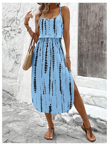 Image of RoseSeek Women's Spaghetti Strap Tie Dye Cami Sun Dress Beach Midi Summer Dresses Resort Wear Vacation Outfits