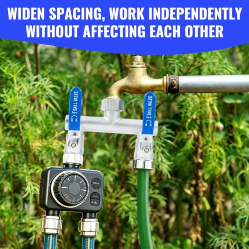 Image of 2 Way Garden Hose Splitter, Stainless Steel, Heavy Duty 304 Stainless Steel Full Flow T Valve with Long Handle, Lead-Free Rust & Freeze Resistant, 3 /4 inch GHT Thread Outdoor Water Hose Adapter